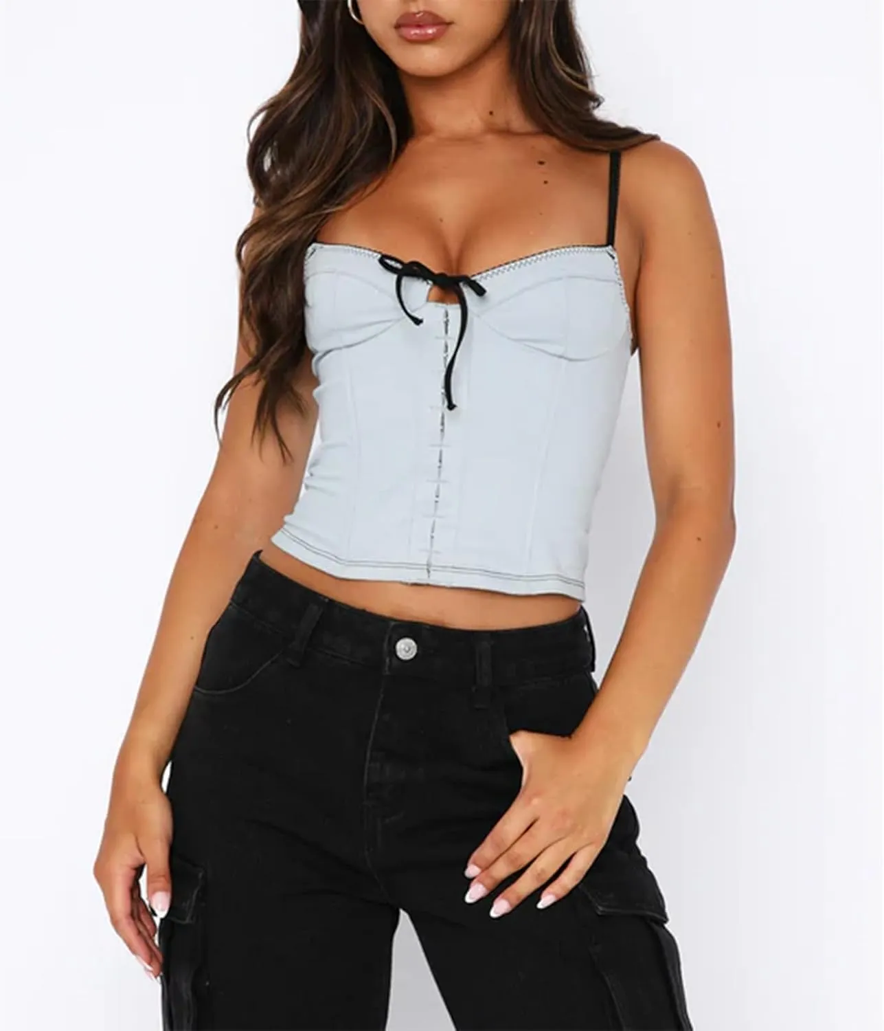 Women Y2k Spaghetti Strap Camisole Crop Top Deep V Neeck Slim Fitted Vest Going Out Shirt Tank Tops Streetwear