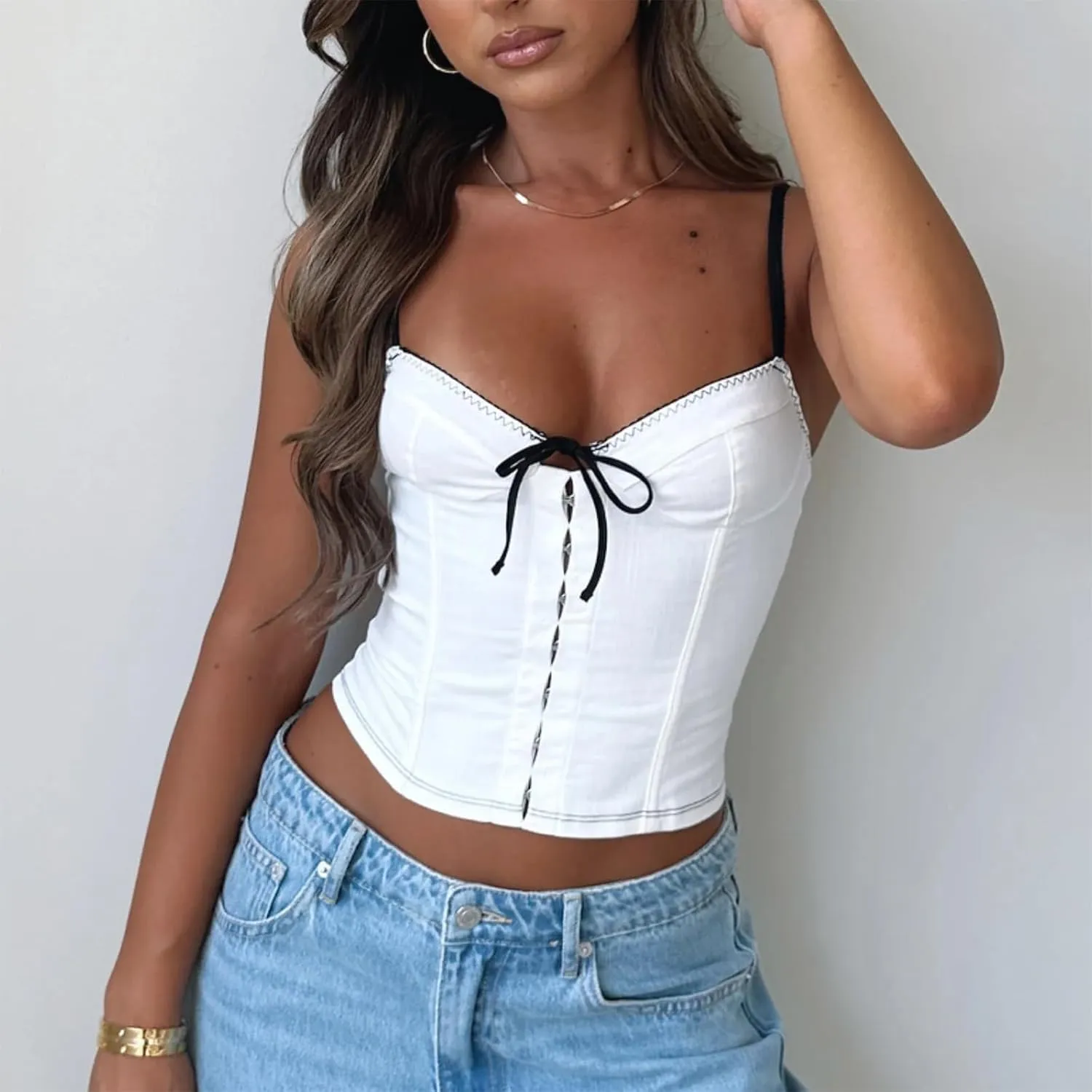Women Y2k Spaghetti Strap Camisole Crop Top Deep V Neeck Slim Fitted Vest Going Out Shirt Tank Tops Streetwear