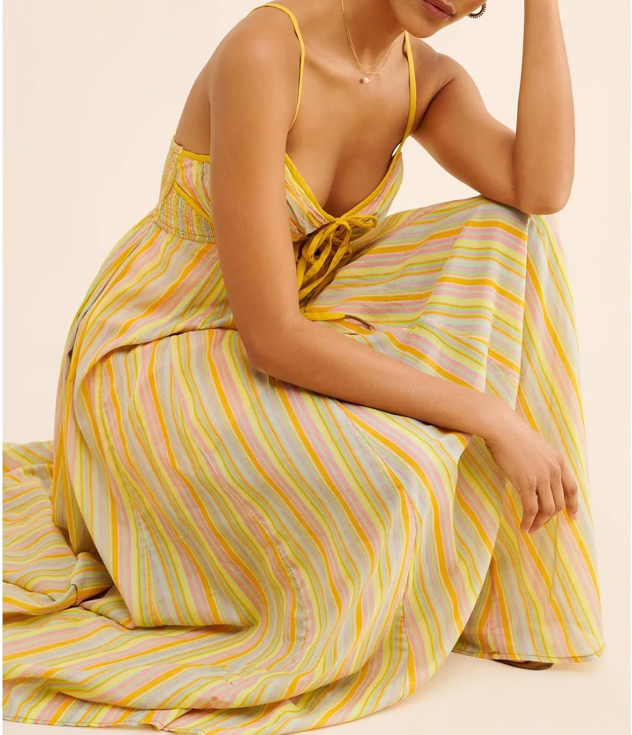 Women Y2k Tie Up Front Striped Maxi Dress Boho Floral Spaghetti Strap Backless Going Out Boho Long Dress