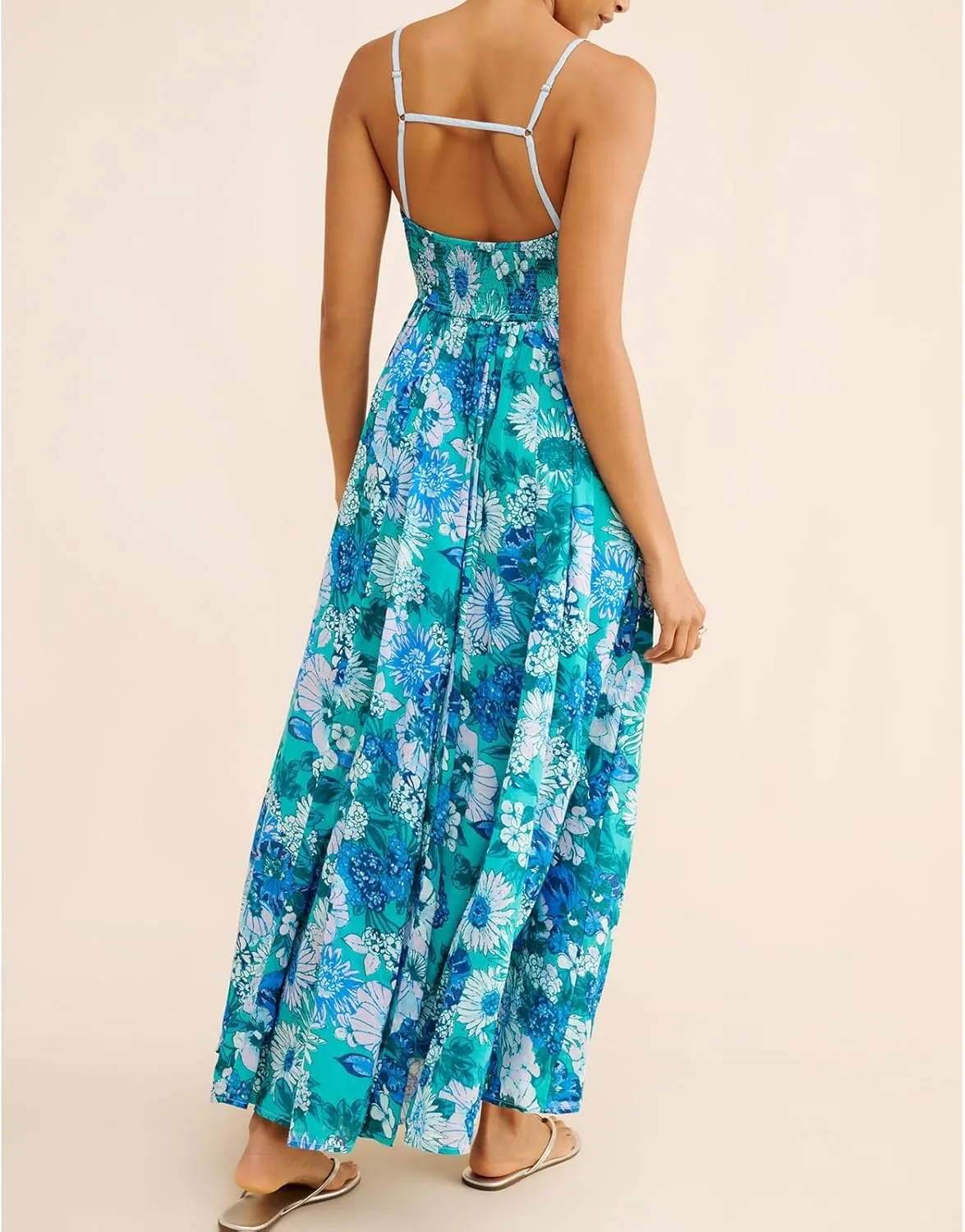 Women Y2k Tie Up Front Striped Maxi Dress Boho Floral Spaghetti Strap Backless Going Out Boho Long Dress