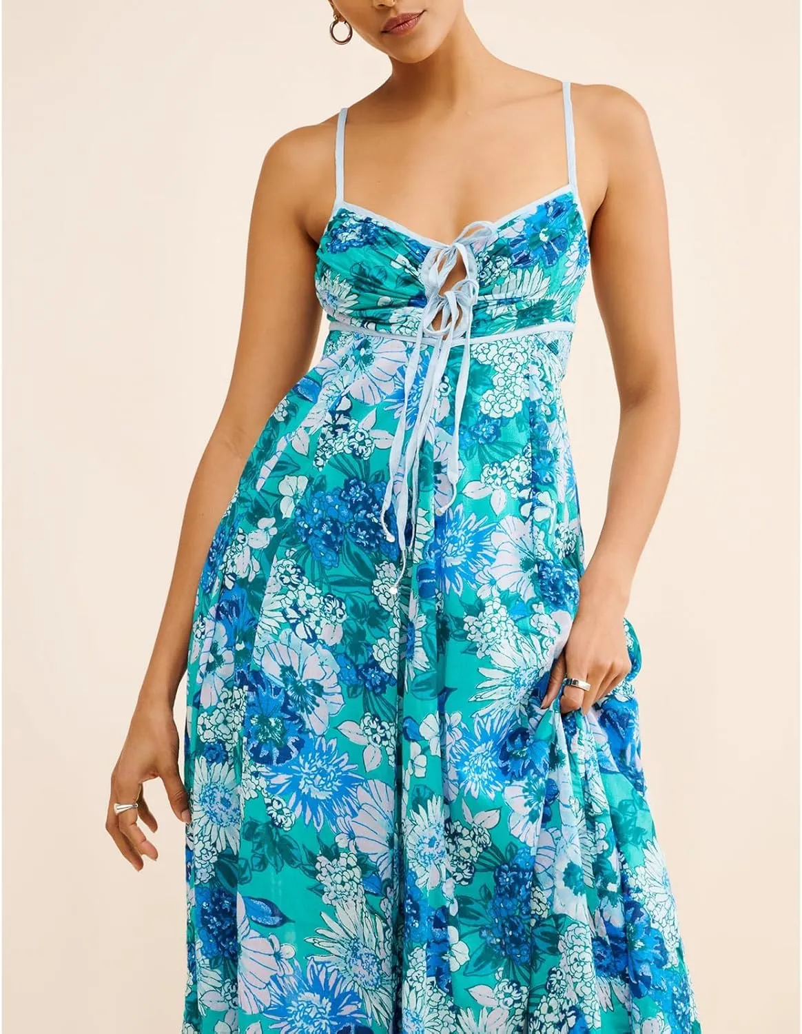 Women Y2k Tie Up Front Striped Maxi Dress Boho Floral Spaghetti Strap Backless Going Out Boho Long Dress