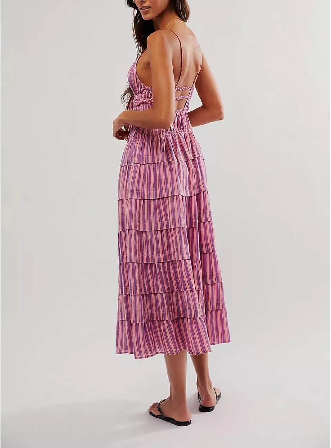 Women Y2k Tie Up Front Striped Maxi Dress Boho Floral Spaghetti Strap Backless Going Out Boho Long Dress
