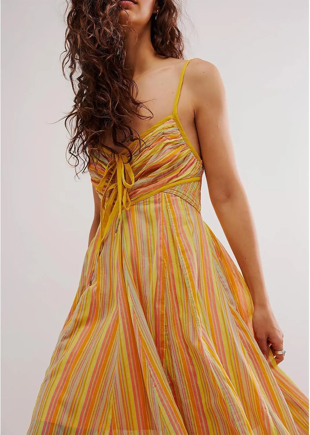 Women Y2k Tie Up Front Striped Maxi Dress Boho Floral Spaghetti Strap Backless Going Out Boho Long Dress