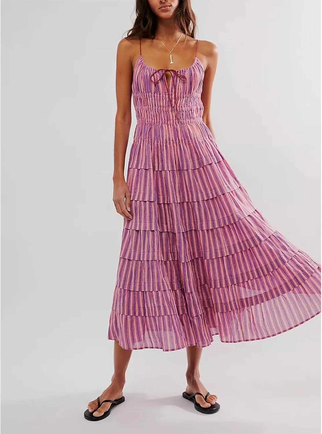 Women Y2k Tie Up Front Striped Maxi Dress Boho Floral Spaghetti Strap Backless Going Out Boho Long Dress