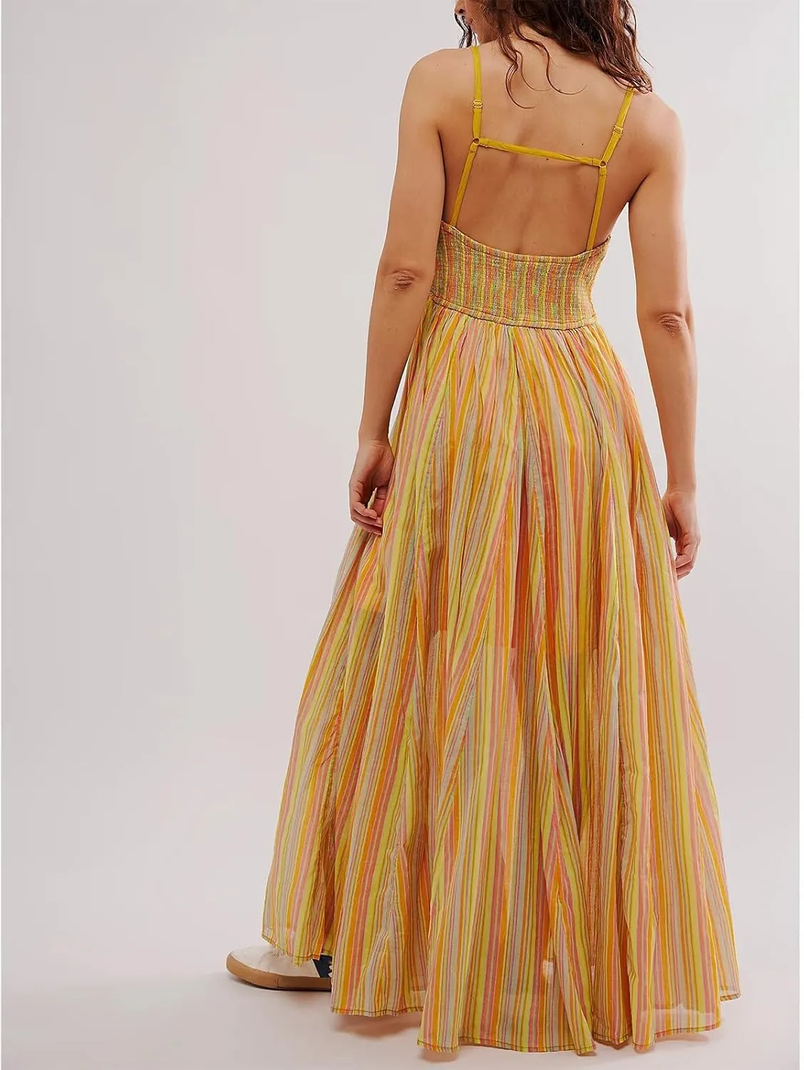 Women Y2k Tie Up Front Striped Maxi Dress Boho Floral Spaghetti Strap Backless Going Out Boho Long Dress