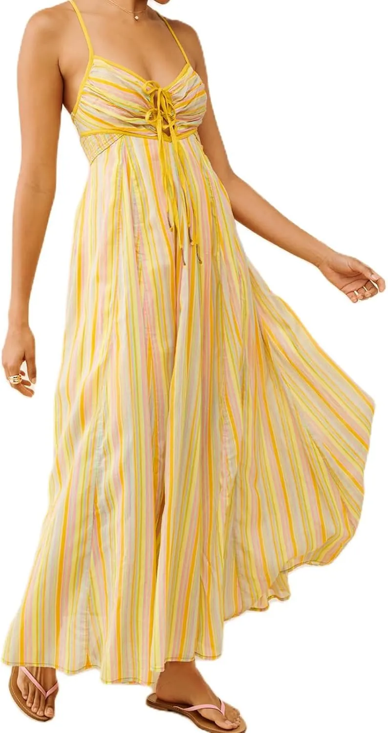Women Y2k Tie Up Front Striped Maxi Dress Boho Floral Spaghetti Strap Backless Going Out Boho Long Dress