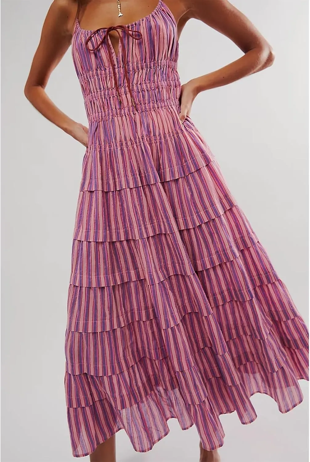 Women Y2k Tie Up Front Striped Maxi Dress Boho Floral Spaghetti Strap Backless Going Out Boho Long Dress