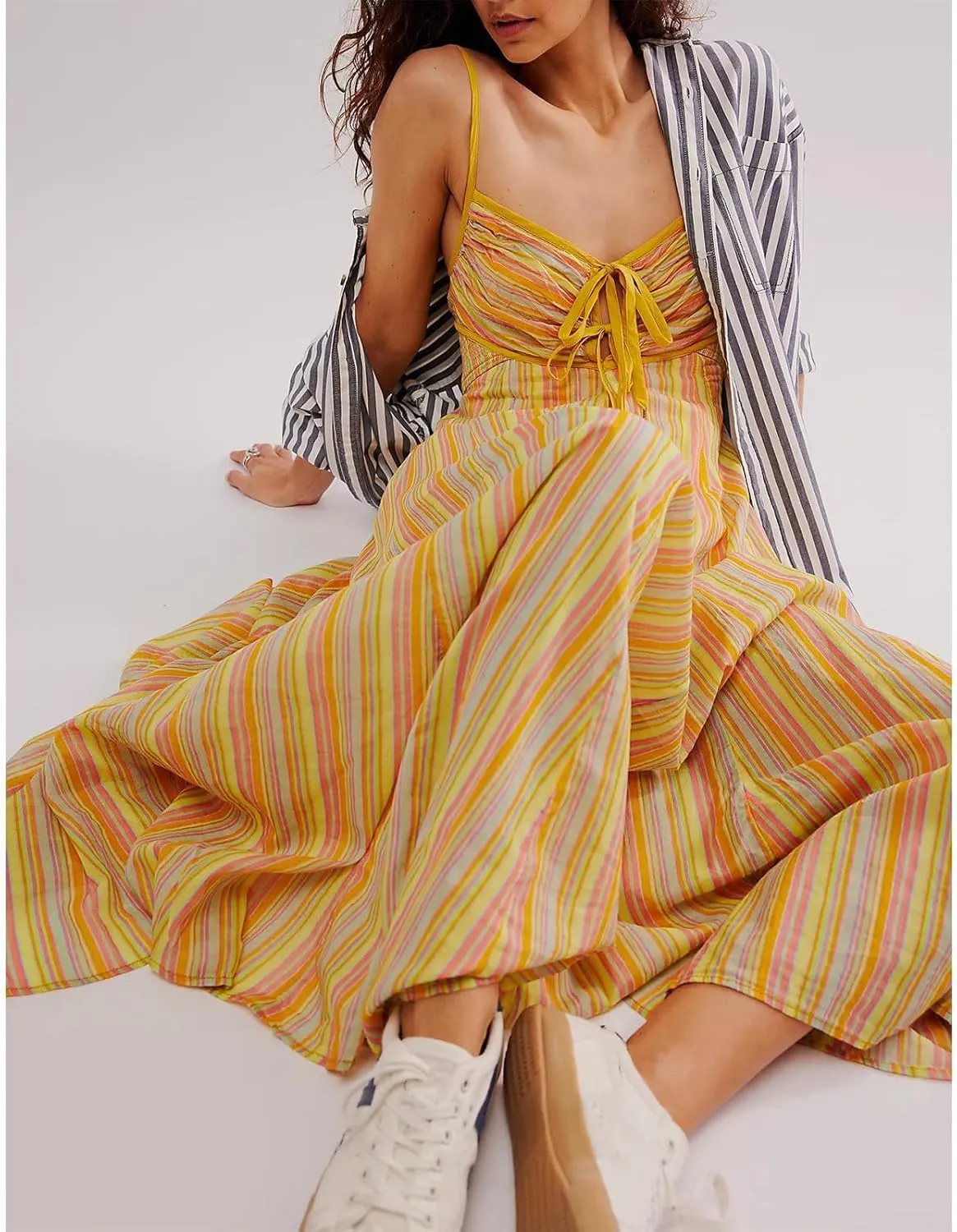 Women Y2k Tie Up Front Striped Maxi Dress Boho Floral Spaghetti Strap Backless Going Out Boho Long Dress