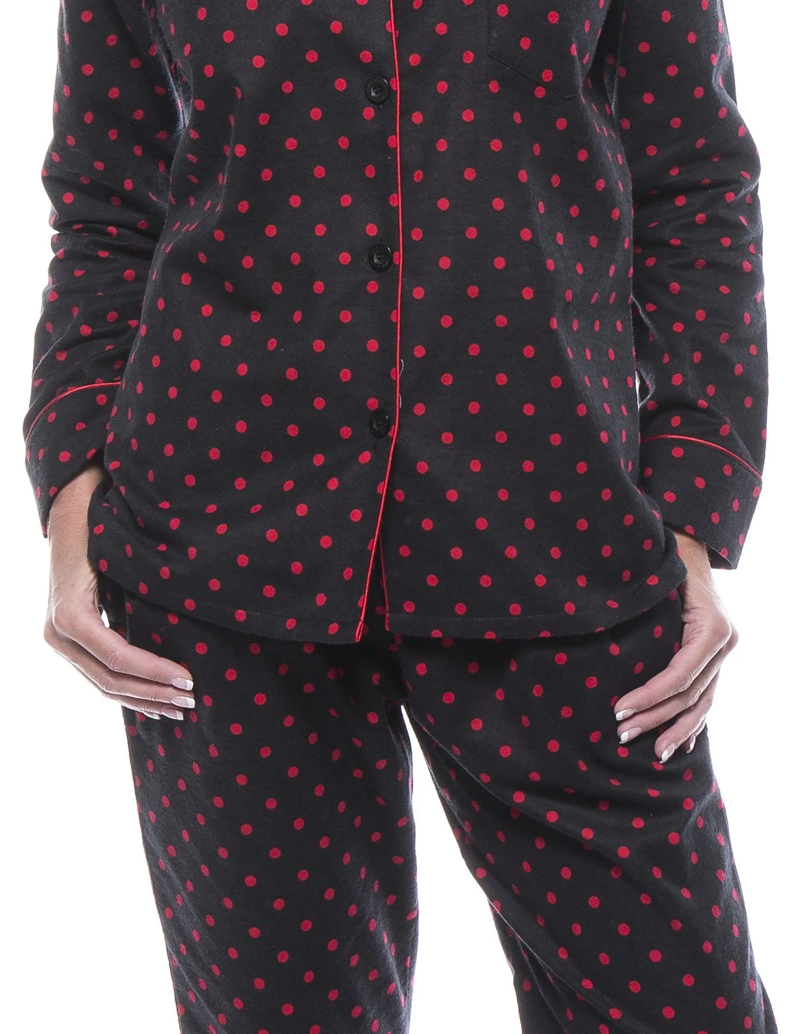 Women's 100% Cotton Flannel Pajama Sleepwear Set - Dots Diva Black/Red