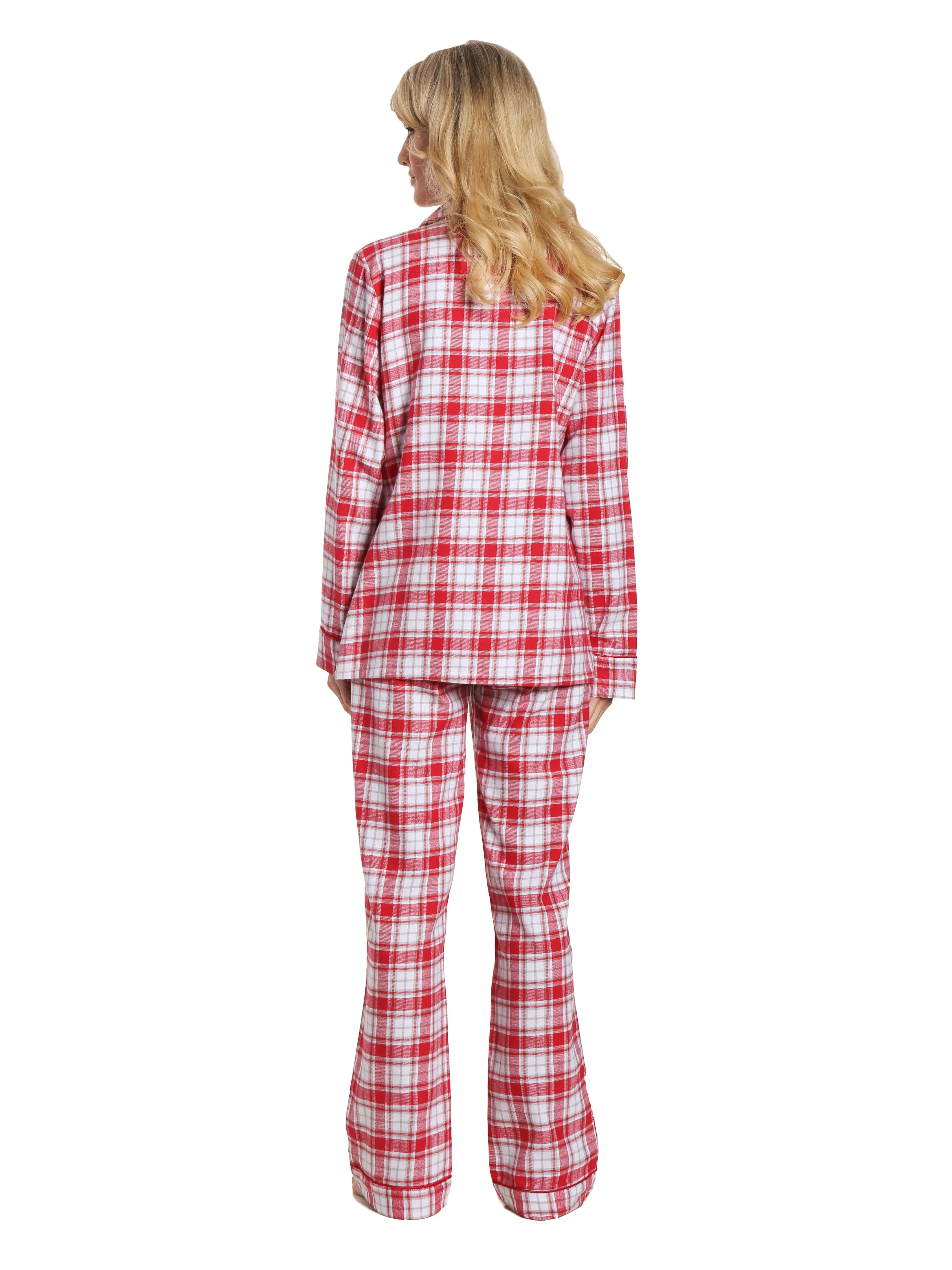 Womens 100% Cotton Lightweight Flannel Pajama Sleepwear Set - Plaid White-Red