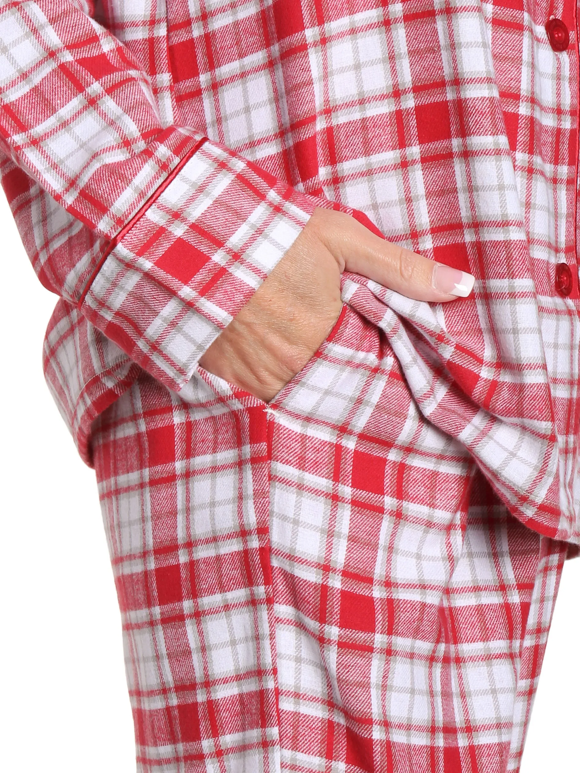 Womens 100% Cotton Lightweight Flannel Pajama Sleepwear Set - Plaid White-Red