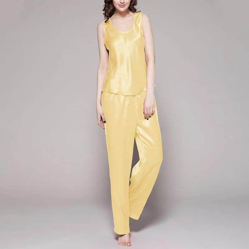 Women's 100% Silk Pajama Set Luxury Sleepwear Sleeveless Silk Tops Pajamas