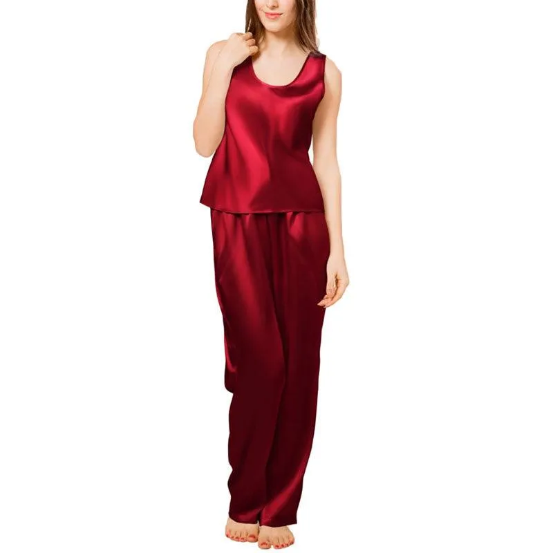Women's 100% Silk Pajama Set Luxury Sleepwear Sleeveless Silk Tops Pajamas