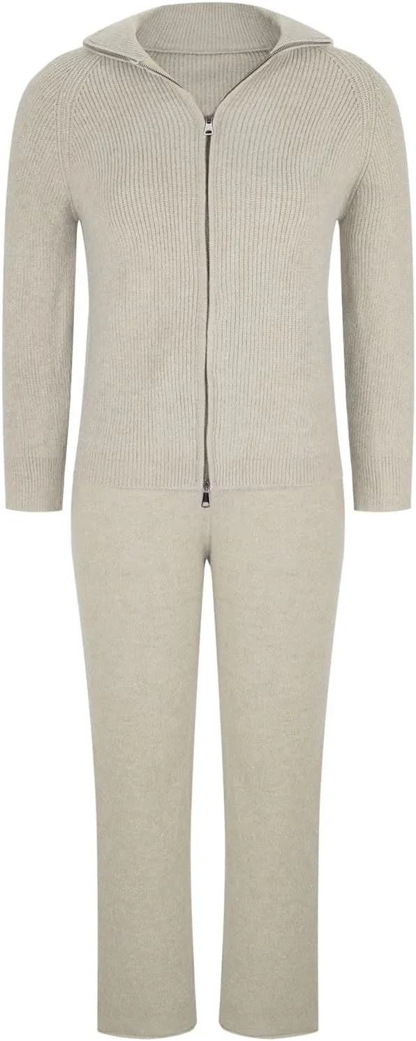 Women's 2 Piece Outfit Sweater Sets Long Sleeve Knit Double Zippers Tops Wide Leg Pant Tracksuit Loungewear