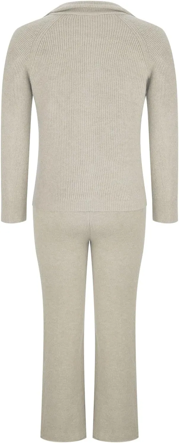Women's 2 Piece Outfit Sweater Sets Long Sleeve Knit Double Zippers Tops Wide Leg Pant Tracksuit Loungewear