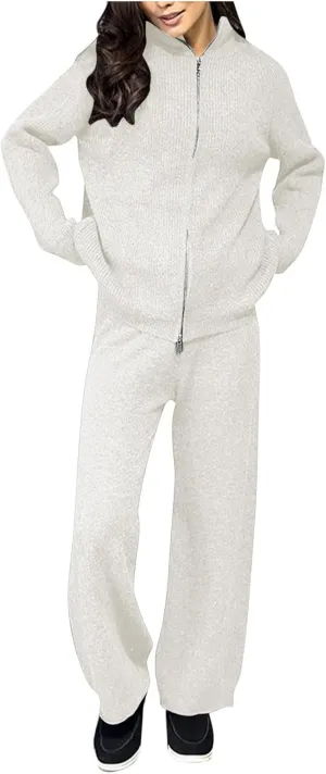 Women's 2 Piece Outfit Sweater Sets Long Sleeve Knit Double Zippers Tops Wide Leg Pant Tracksuit Loungewear