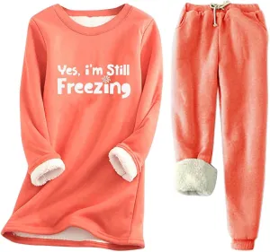 Womens 2 Piece Outfits Lounge Set Thicken Winter Warm Sherpa Fleece Lined Pajama Sets Soft Pjs Sleepwear Loungwear