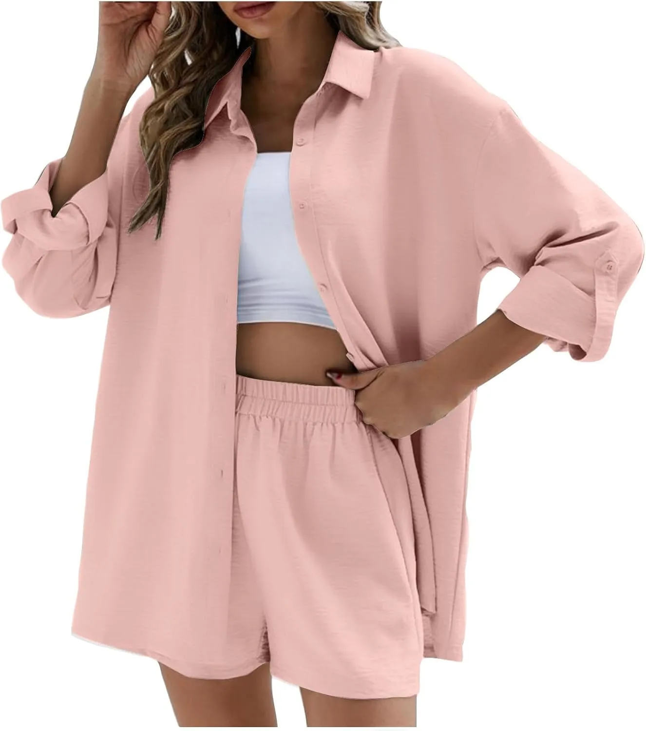 Women's 2 Piece Outfits Tracksuit Set Button Down Shirts Elastic High Waist Shorts Beach Vacation Outfits Lounge Sets