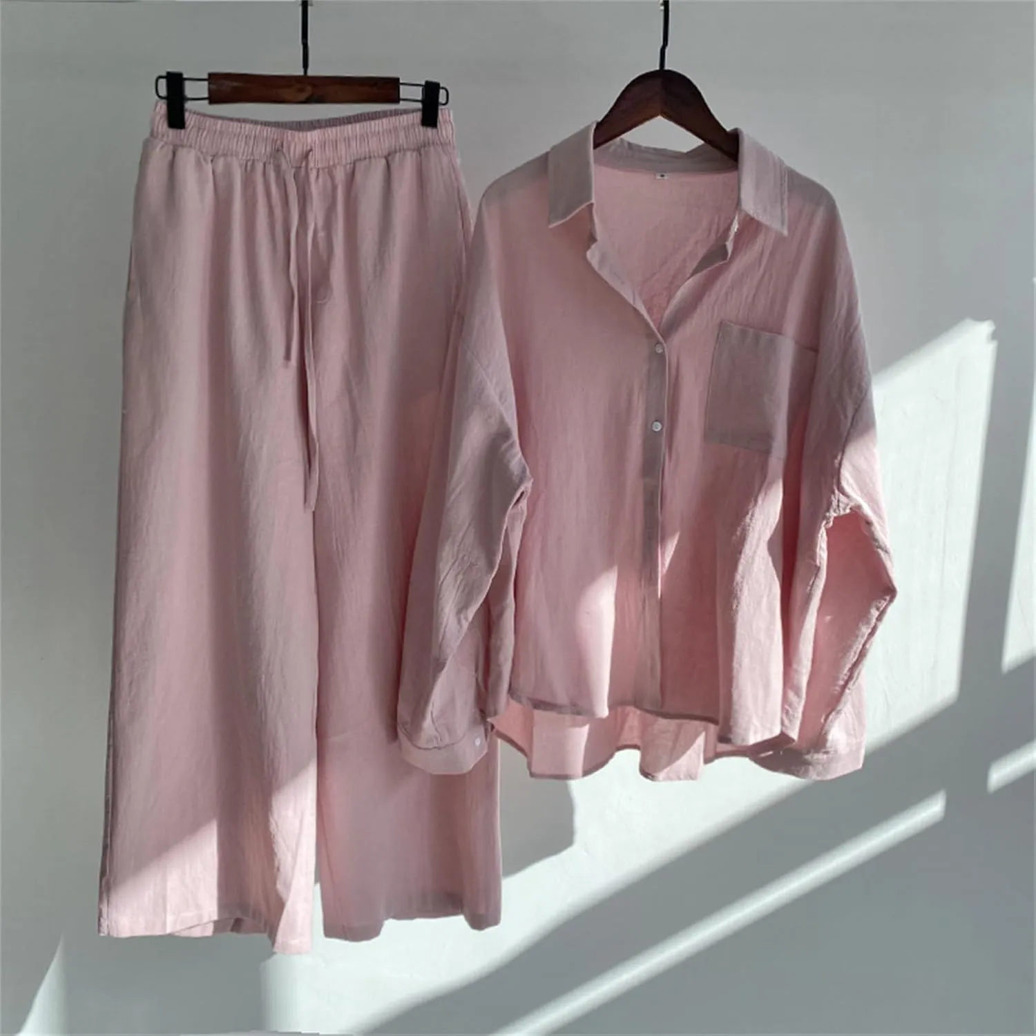 Women's 2 Piece Set Linen Button Down Shirt Wide Leg Pants Tracksuit Plus Size Pants Sets Women 2 Piece Outfits
