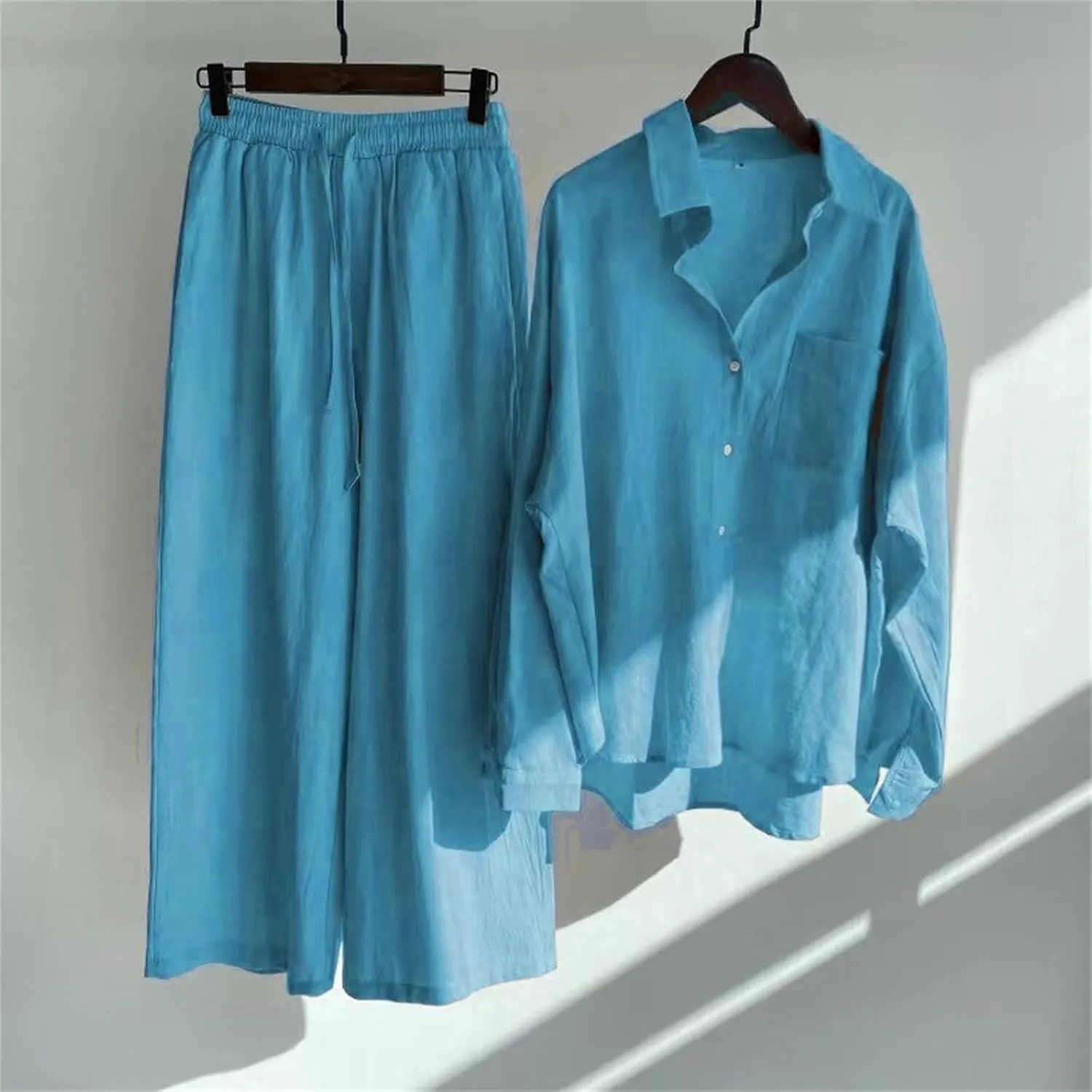 Women's 2 Piece Set Linen Button Down Shirt Wide Leg Pants Tracksuit Plus Size Pants Sets Women 2 Piece Outfits