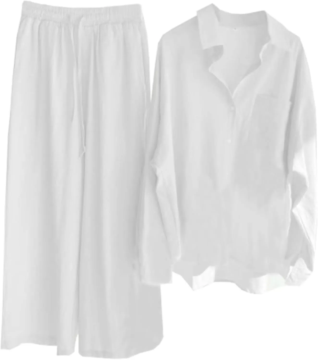 Women's 2 Piece Set Linen Button Down Shirt Wide Leg Pants Tracksuit Plus Size Pants Sets Women 2 Piece Outfits