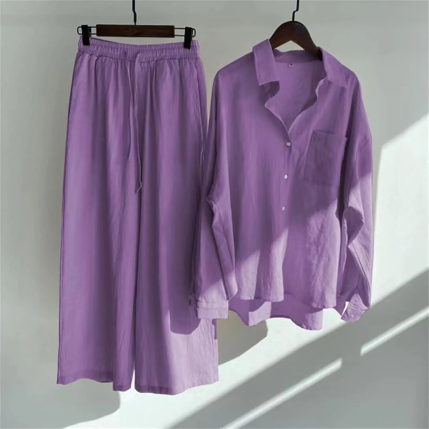 Women's 2 Piece Set Linen Button Down Shirt Wide Leg Pants Tracksuit Plus Size Pants Sets Women 2 Piece Outfits