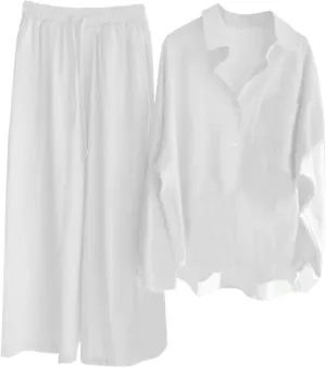Women's 2 Piece Set Linen Button Down Shirt Wide Leg Pants Tracksuit Plus Size Pants Sets Women 2 Piece Outfits