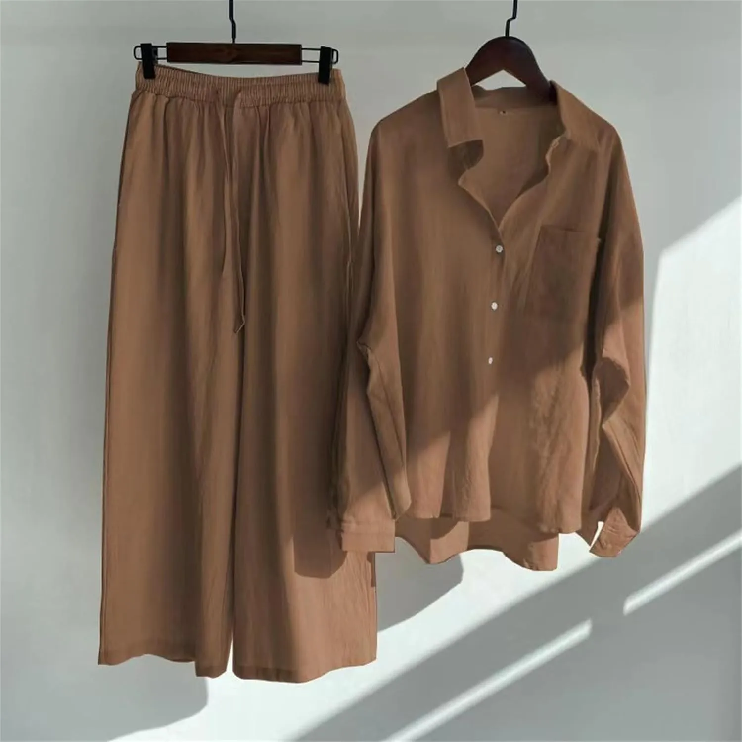 Women's 2 Piece Set Linen Button Down Shirt Wide Leg Pants Tracksuit Plus Size Pants Sets Women 2 Piece Outfits