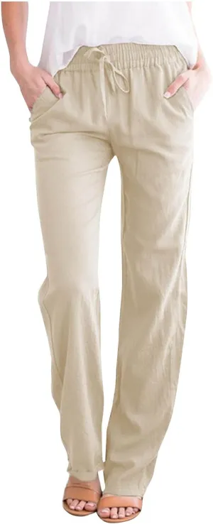 Women's 2024 Linen Pants Straight Leg Summer Casual Pants Drawstring High Waisted Cotton Loose Trousers with Pockets