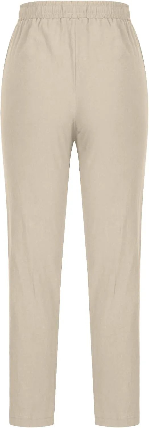 Women's 2024 Linen Pants Straight Leg Summer Casual Pants Drawstring High Waisted Cotton Loose Trousers with Pockets