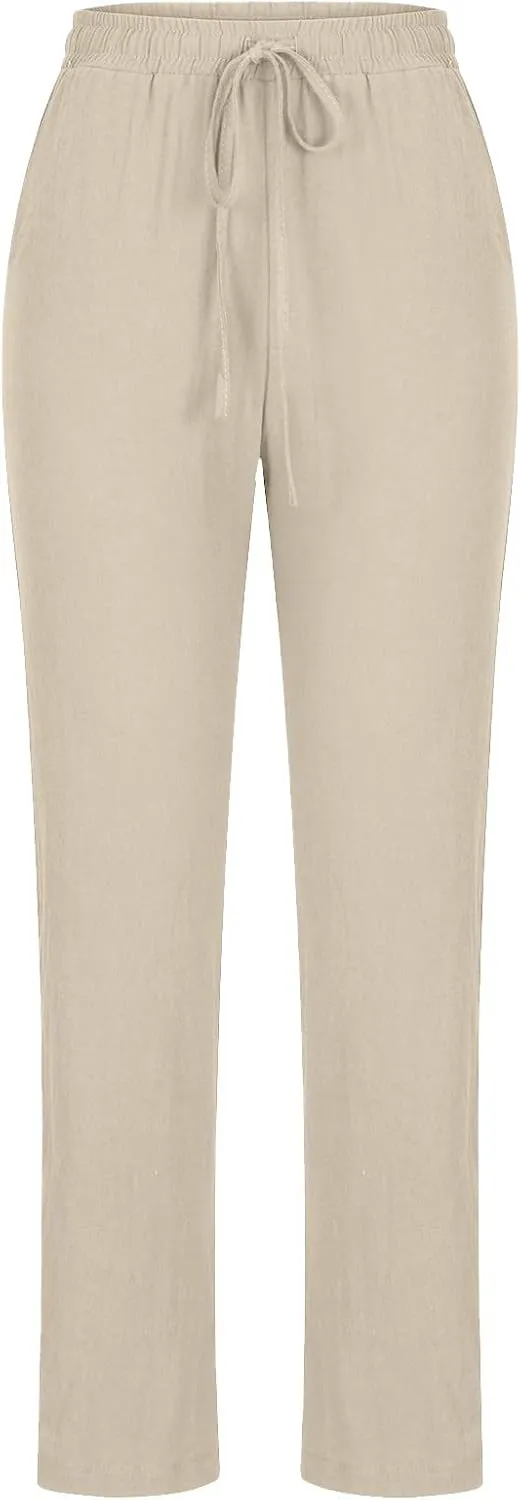 Women's 2024 Linen Pants Straight Leg Summer Casual Pants Drawstring High Waisted Cotton Loose Trousers with Pockets