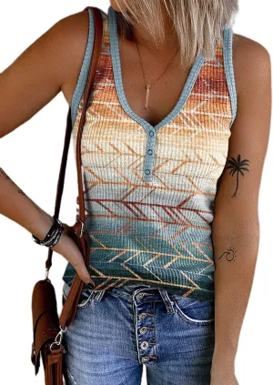 Womens Aztec V-Neck Ribbed Henley Tank Tops Retro Aztec Sleeveless Ribbed Button Tank Tops Women