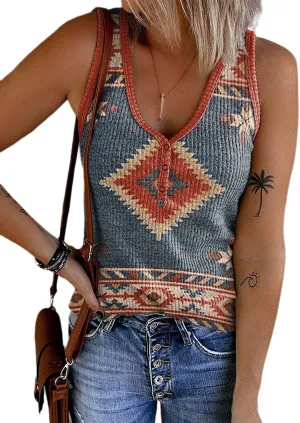 Womens Aztec V-Neck Ribbed Henley Tank Tops Retro Aztec Sleeveless Ribbed Button Tank Tops Women