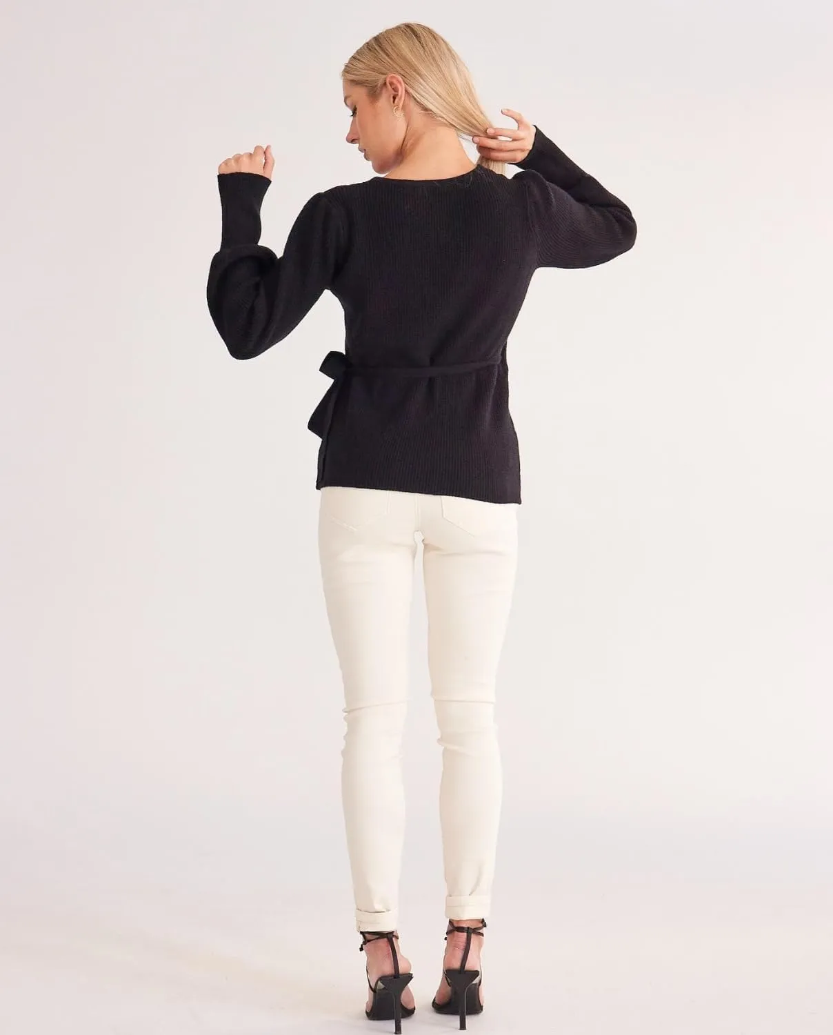 Women's Balloon Sleeves Ribbed Knitted Tie Front Sweater