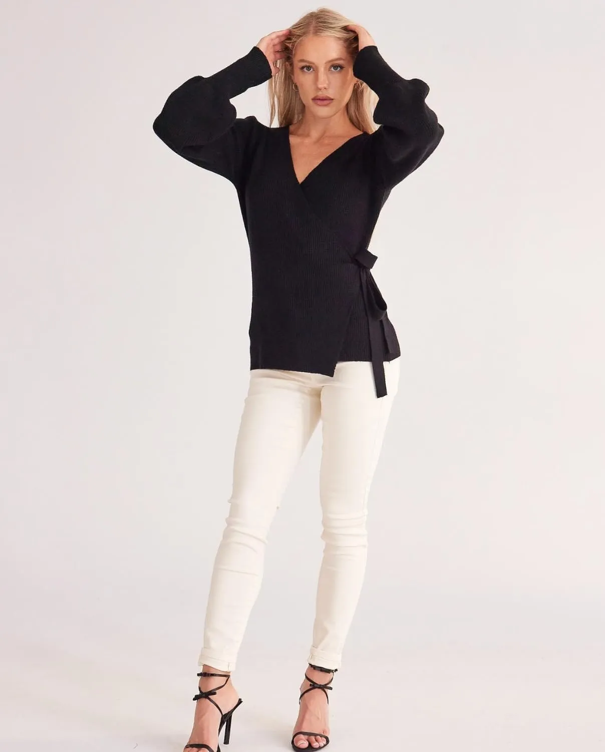 Women's Balloon Sleeves Ribbed Knitted Tie Front Sweater