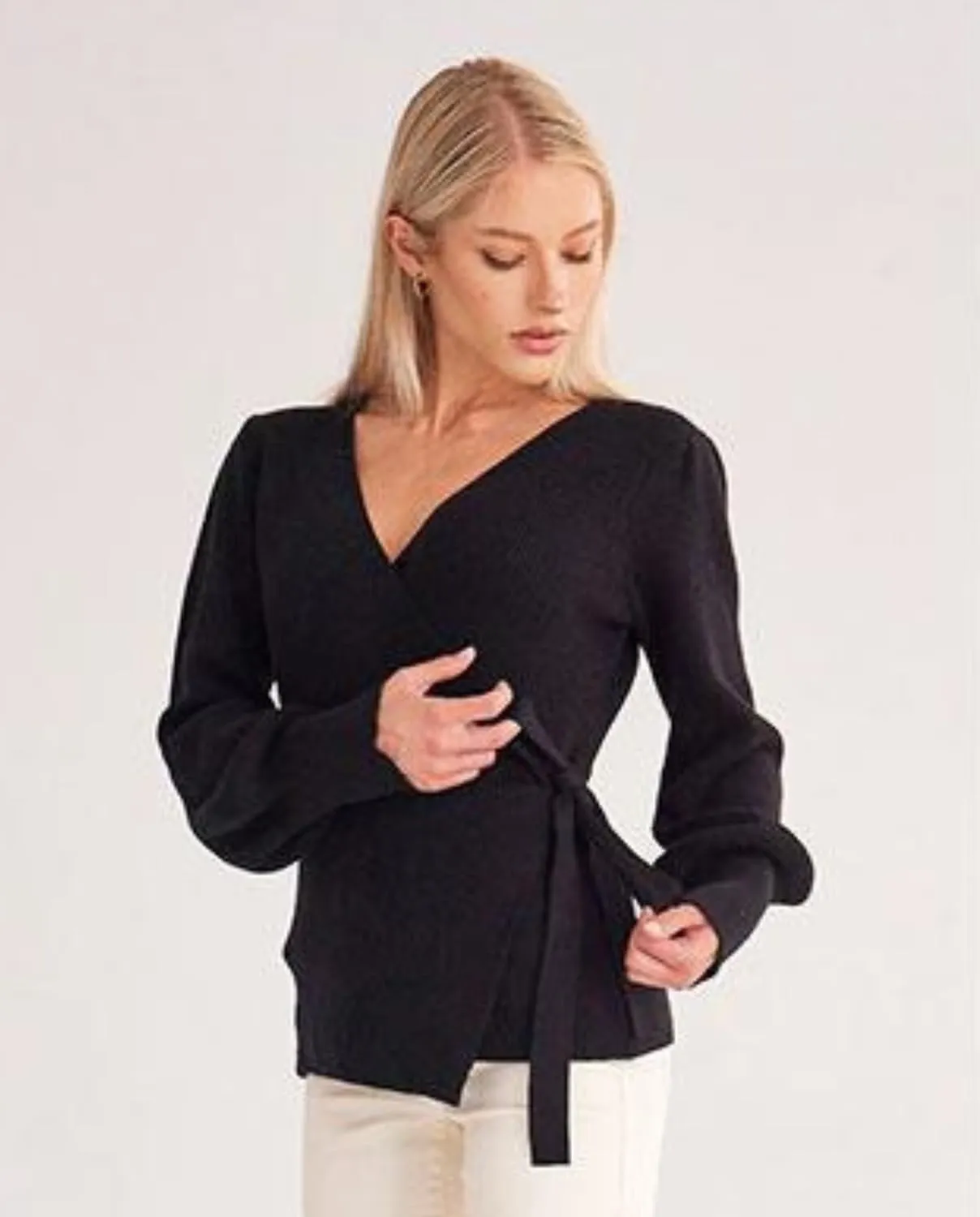Women's Balloon Sleeves Ribbed Knitted Tie Front Sweater