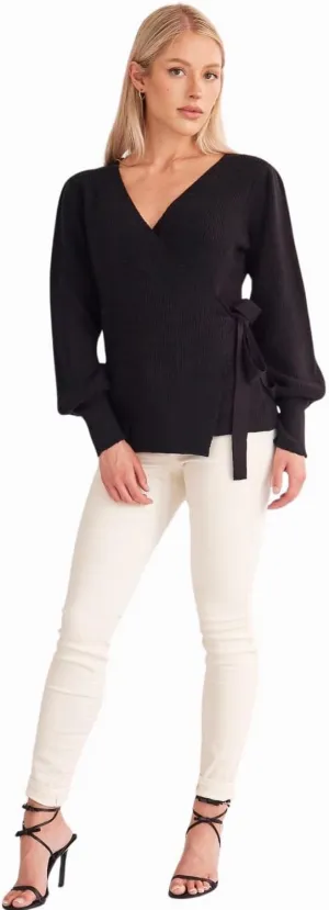 Women's Balloon Sleeves Ribbed Knitted Tie Front Sweater