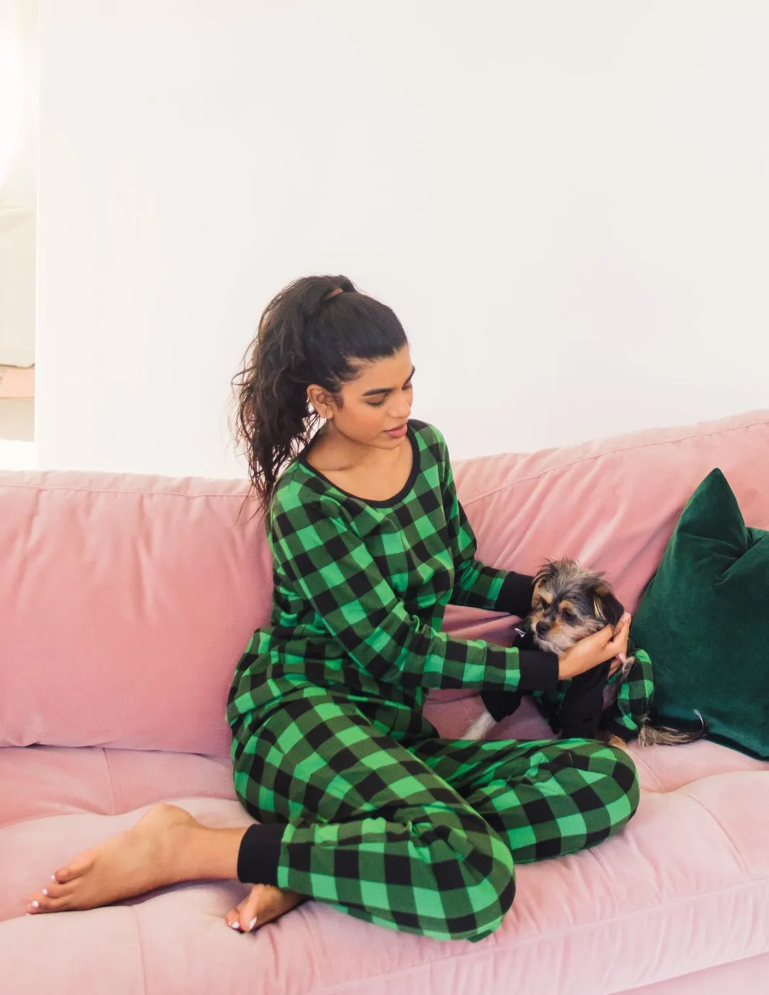 Women's Black & Green Plaid Cotton Pajamas