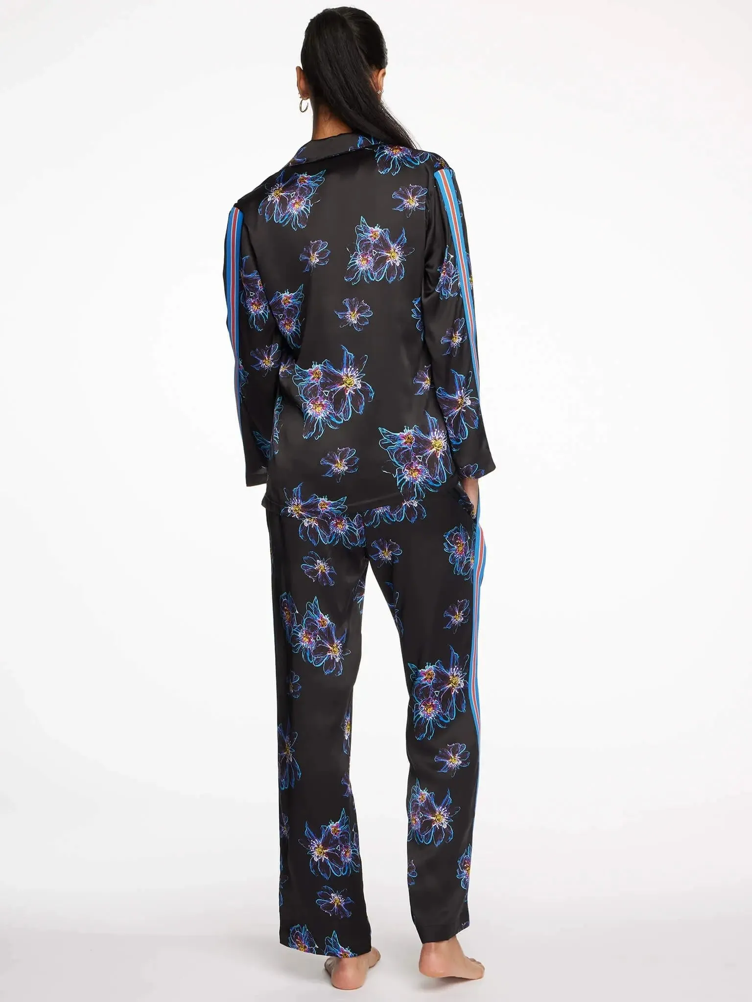 Women's Blue Jellyfish Floral Silk Pajama Set With Stripe
