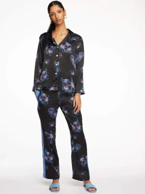 Women's Blue Jellyfish Floral Silk Pajama Set With Stripe