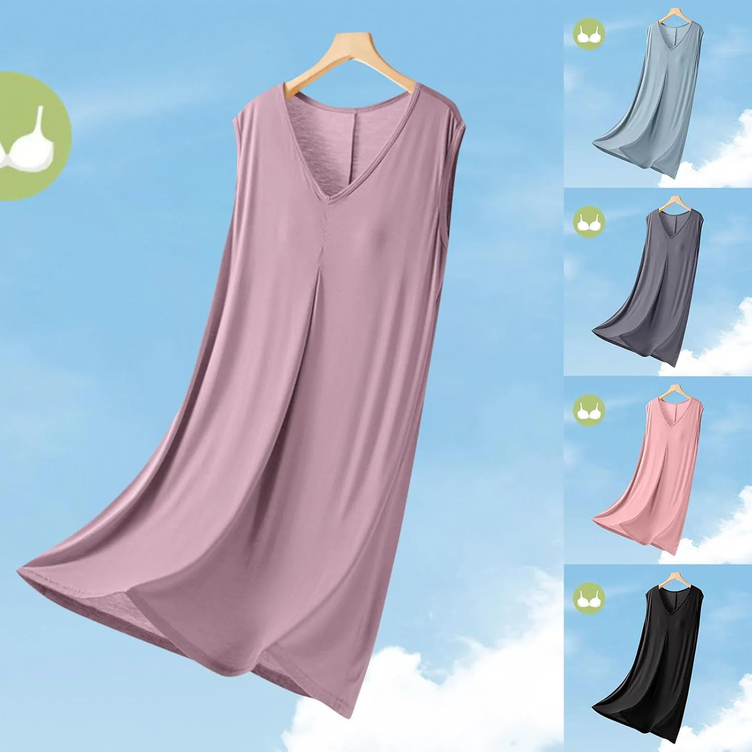 Women's Bulit-in-Bra Nightgown Loose V Neck Sleeveless Sleepwear Comfy Soft Modal Sleepshirts Pleated Nightdress