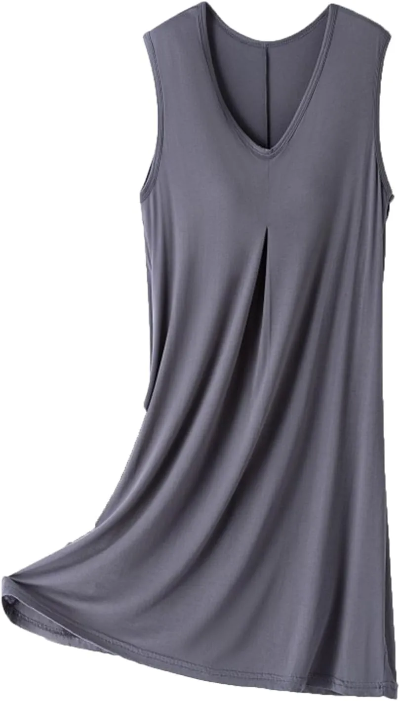 Women's Bulit-in-Bra Nightgown Loose V Neck Sleeveless Sleepwear Comfy Soft Modal Sleepshirts Pleated Nightdress