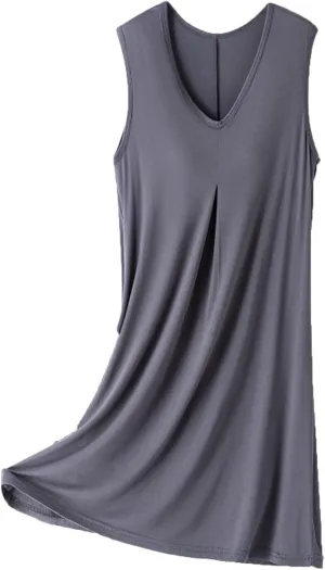 Women's Bulit-in-Bra Nightgown Loose V Neck Sleeveless Sleepwear Comfy Soft Modal Sleepshirts Pleated Nightdress