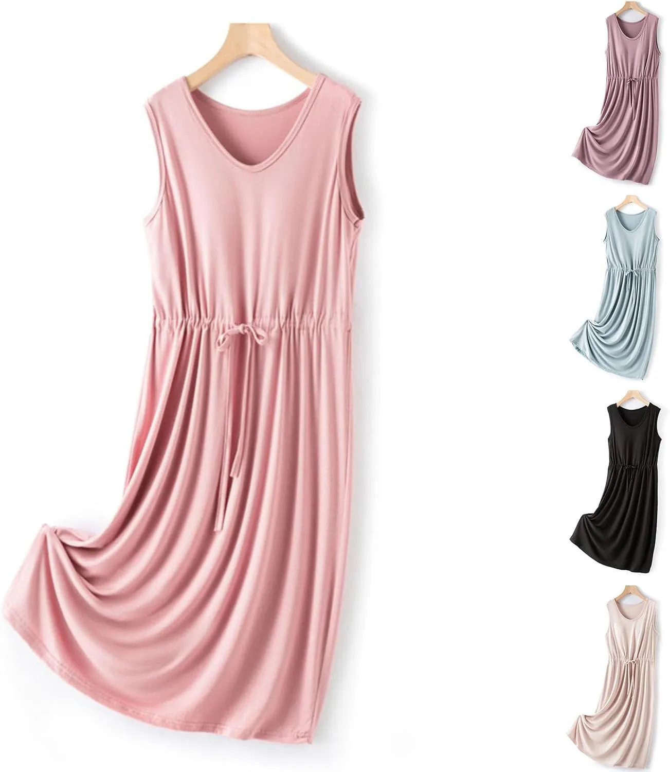 Women's Bulit-in-Bra Nightgown Loose V Neck Sleeveless Sleepwear Drawstring Waist Comfy Nightdress Soft Modal Sleepshirts