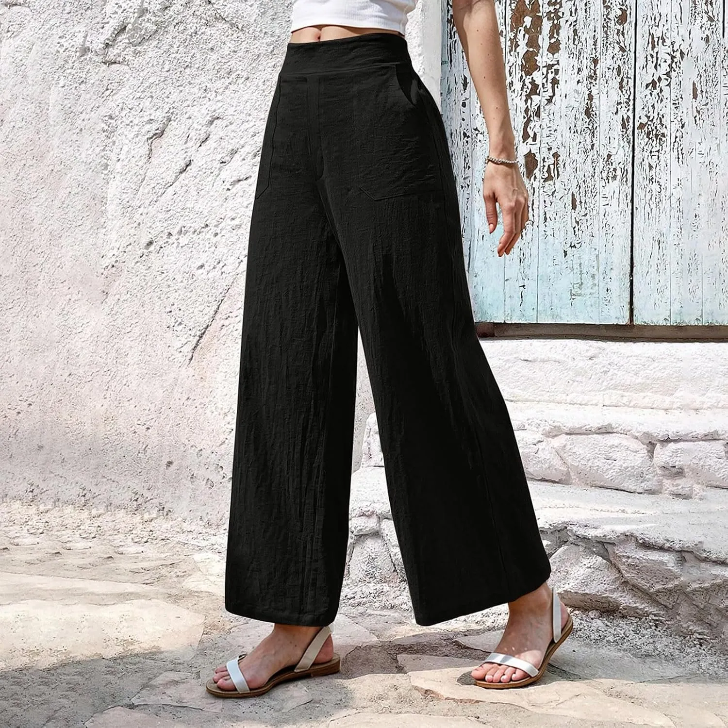 Womens Casual High Waisted Linen Pants Palazzo Lounge Beach Pants Travel Vacation Wide Leg Trousers with Pockets