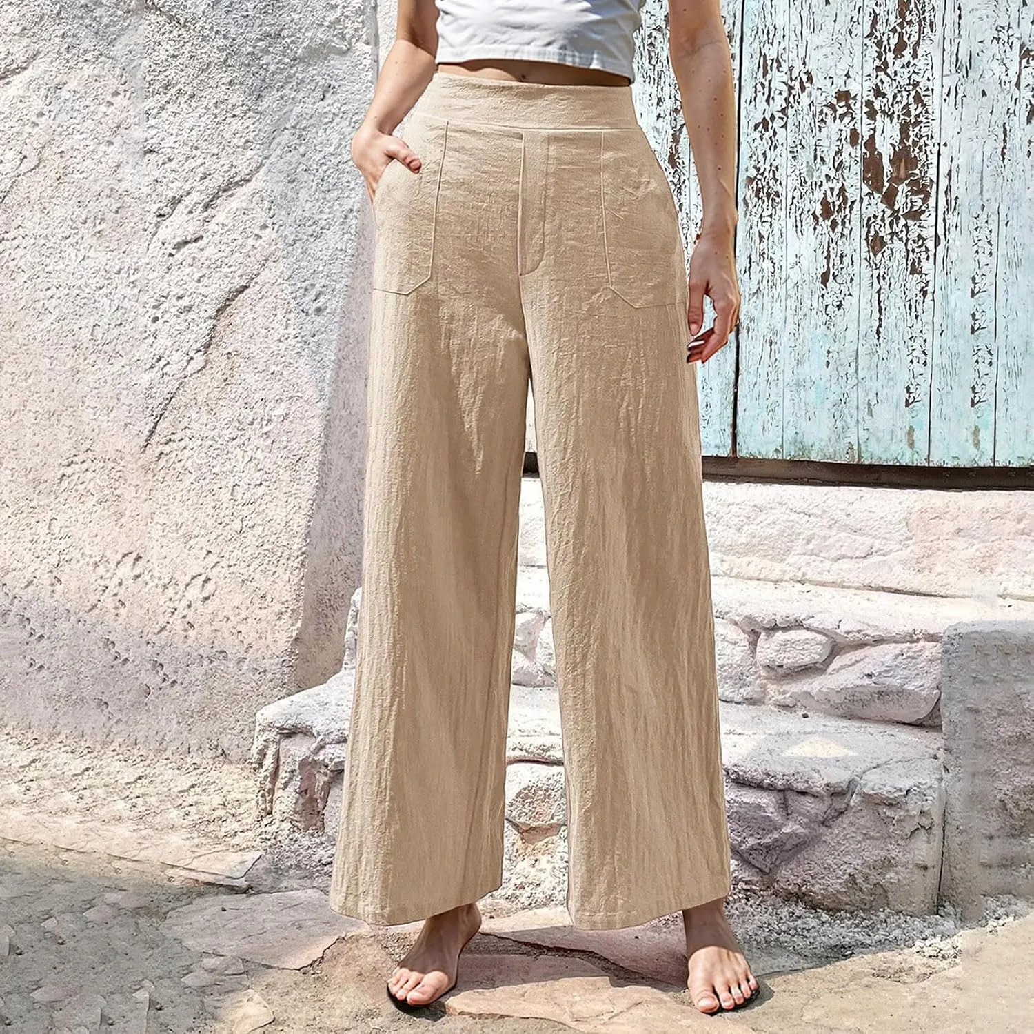 Womens Casual High Waisted Linen Pants Palazzo Lounge Beach Pants Travel Vacation Wide Leg Trousers with Pockets