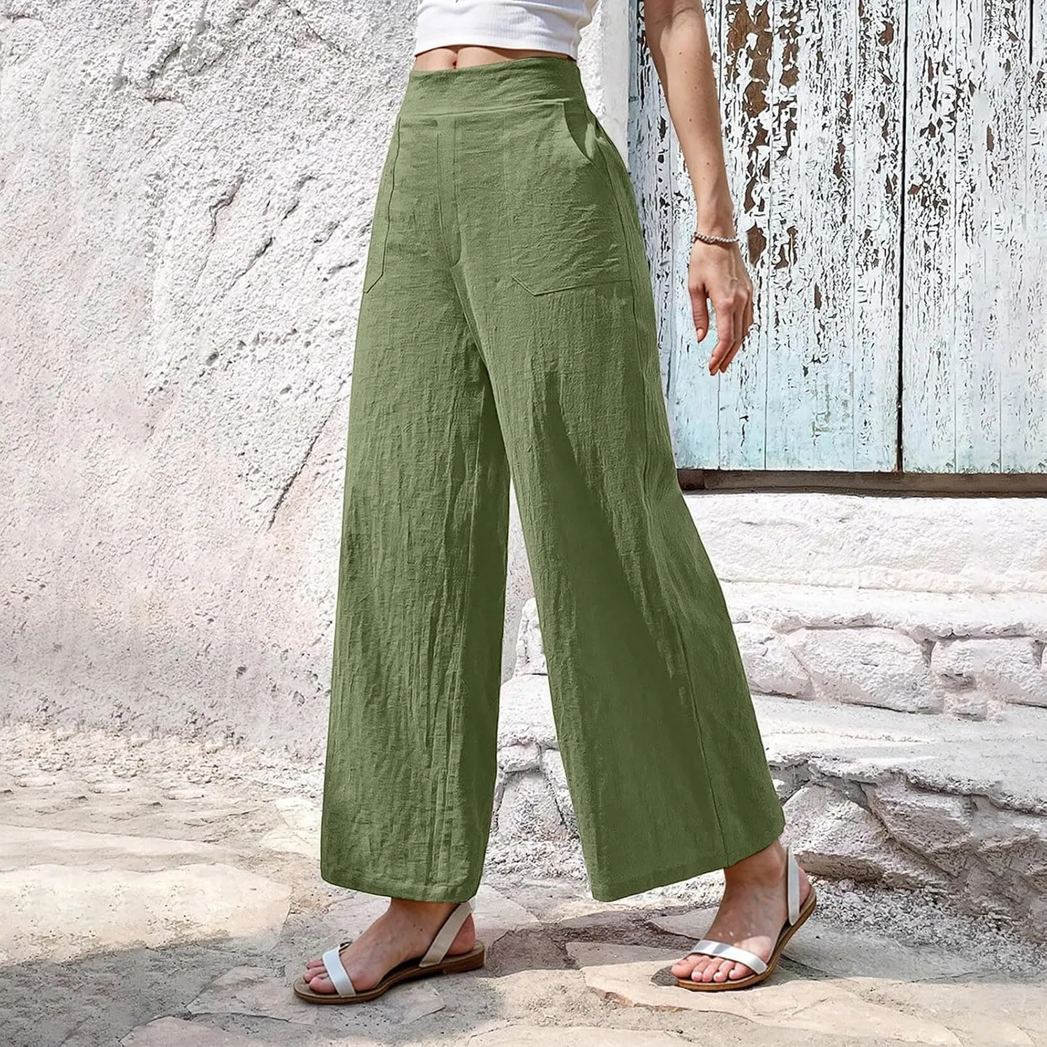 Womens Casual High Waisted Linen Pants Palazzo Lounge Beach Pants Travel Vacation Wide Leg Trousers with Pockets