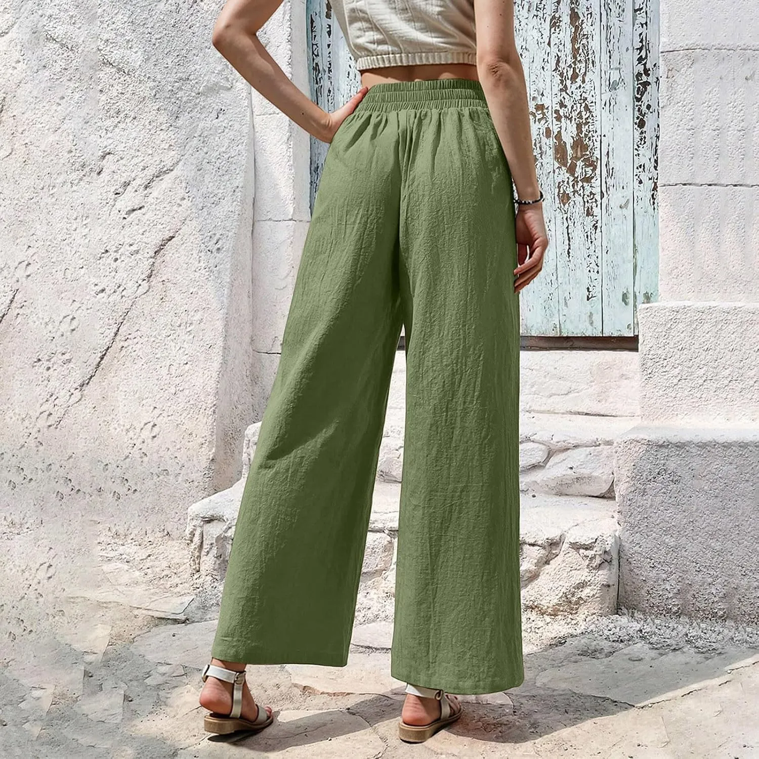 Womens Casual High Waisted Linen Pants Palazzo Lounge Beach Pants Travel Vacation Wide Leg Trousers with Pockets