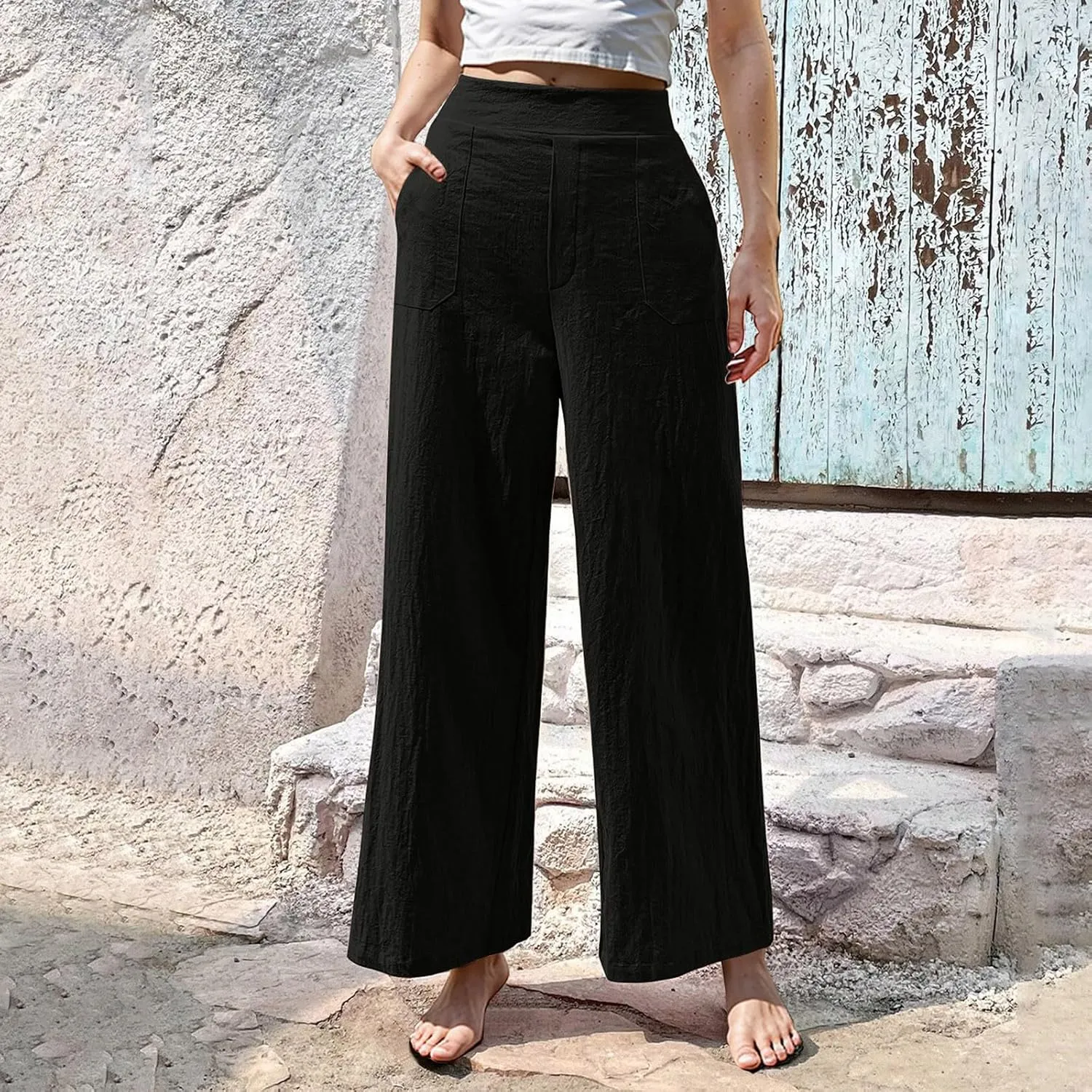 Womens Casual High Waisted Linen Pants Palazzo Lounge Beach Pants Travel Vacation Wide Leg Trousers with Pockets