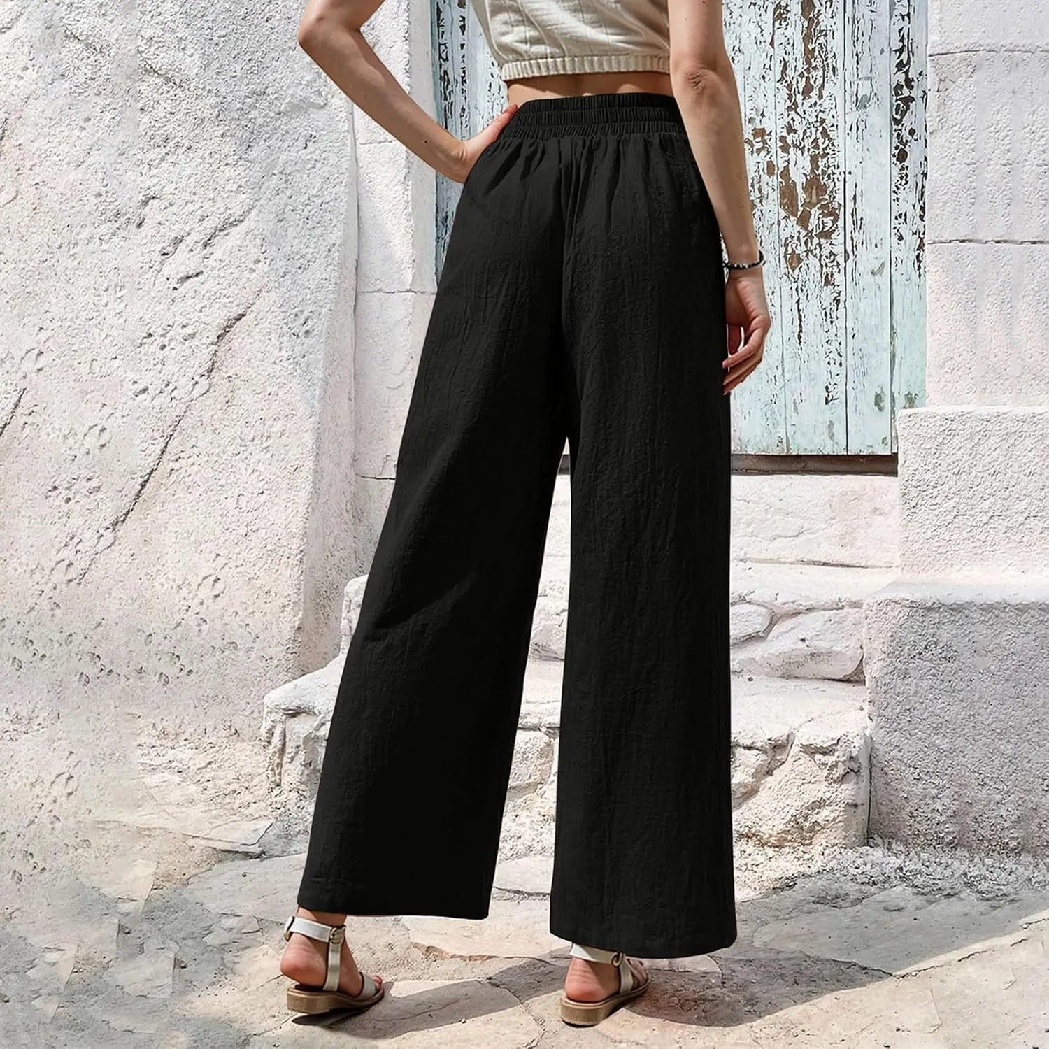 Womens Casual High Waisted Linen Pants Palazzo Lounge Beach Pants Travel Vacation Wide Leg Trousers with Pockets